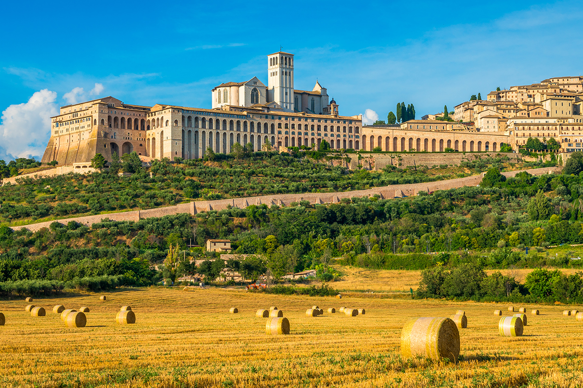 An idyllic view of the hilltop village of Assisi with harvest in the foreground