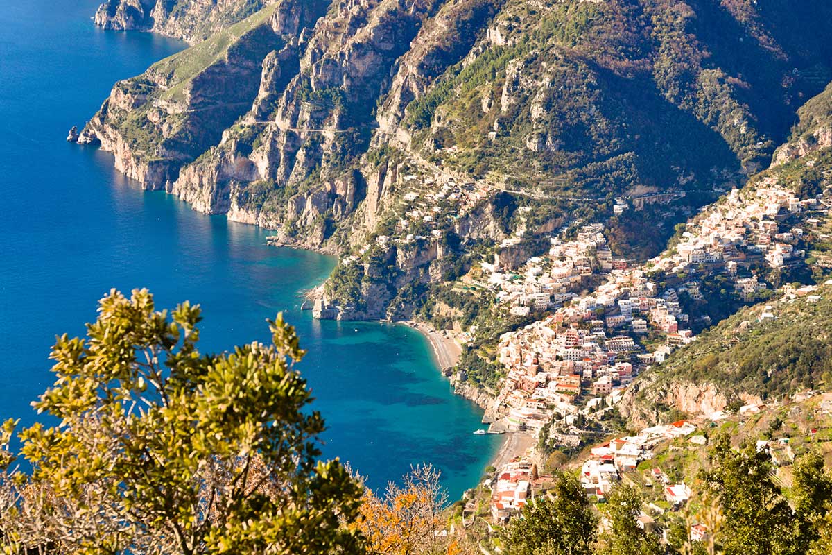 A sunny view over Positano, along the Amalfi coast