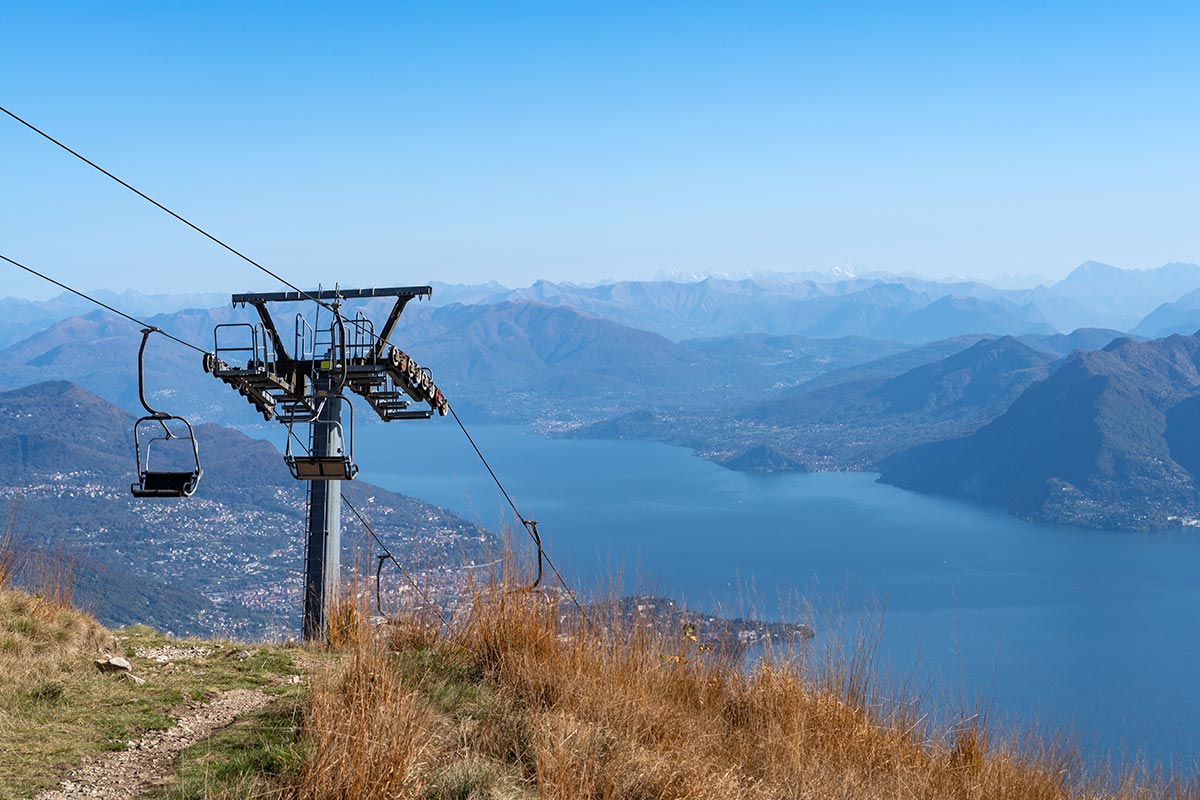 A  Lake Maggiore cable car arrives on the Mottarone from Stresa