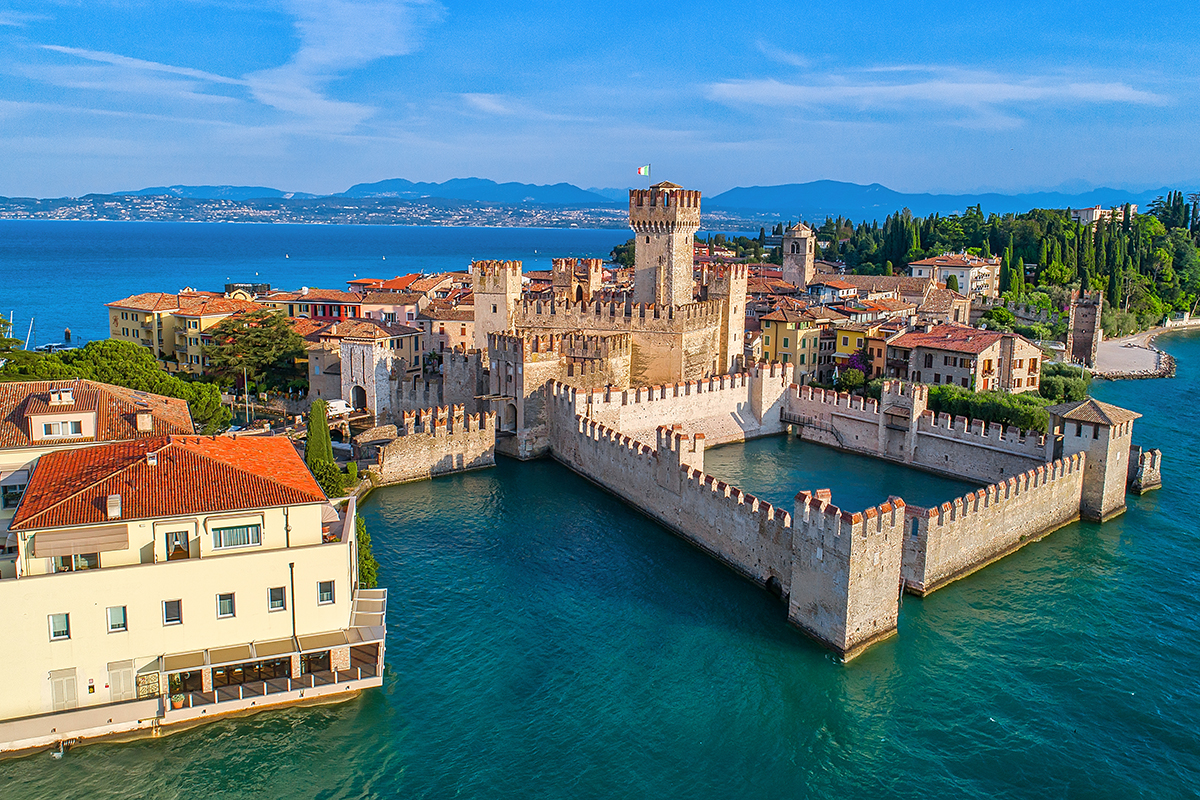 Aerial view to the town of Sirmione, popular travel destination on Lake Garda in Italy