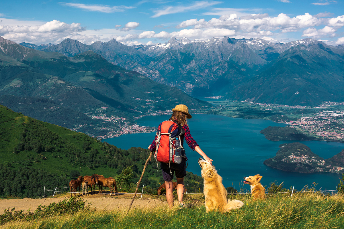 Una giovane escursionista, accompagnata dai cani, si gode la vista del lago di Como e delle Alpi, Lombardia, Italia