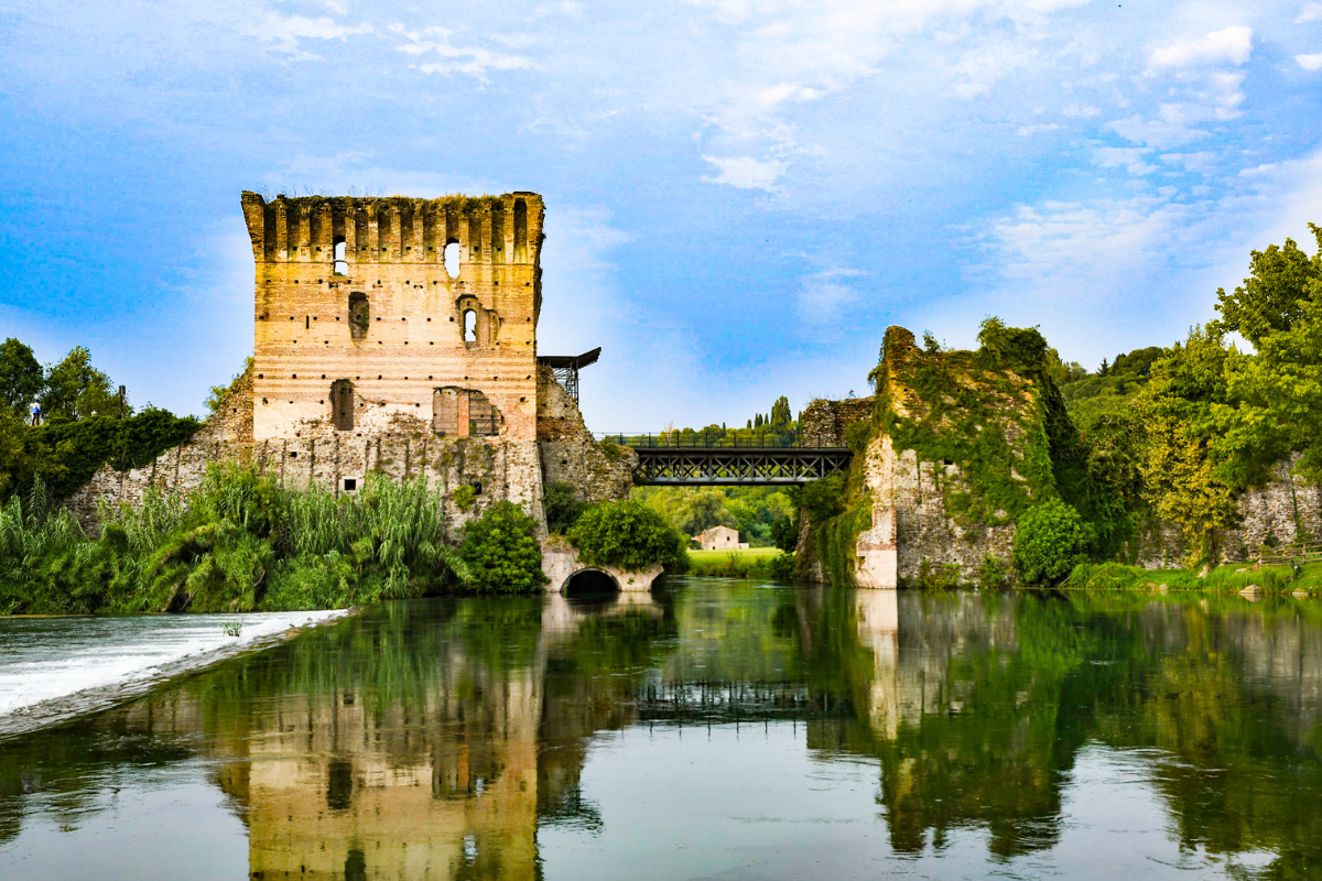 The medieval Visconti bridge on the Mincio river at Valeggio sul Mincio