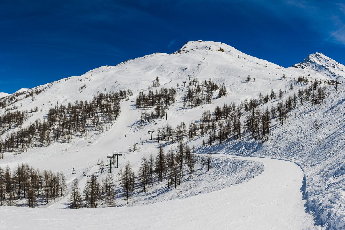 The snowy Milky Way slopes, one of the most famous Piedmontese regions for skiing, in Sestriere, Italy.