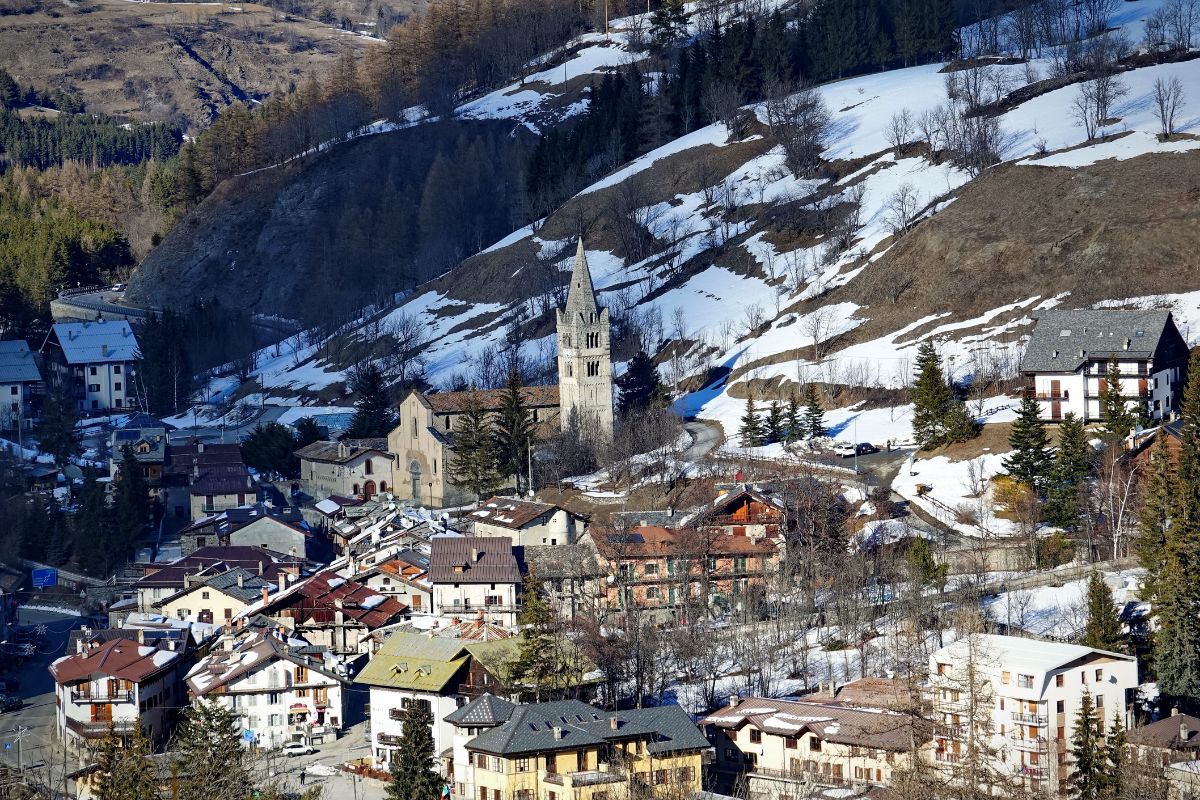 An aerial view of Cesana Torinese ski resort, part of the Milky Way in Italy