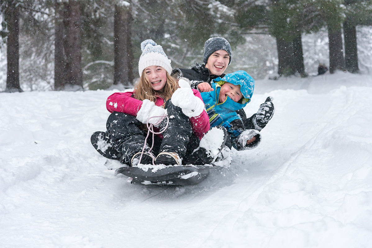 Teenagers and children enjoying tobogganing in winter