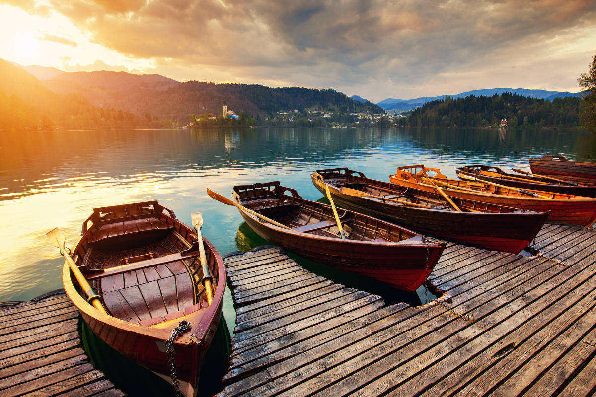 Rowing boats on the Lake Bled quay