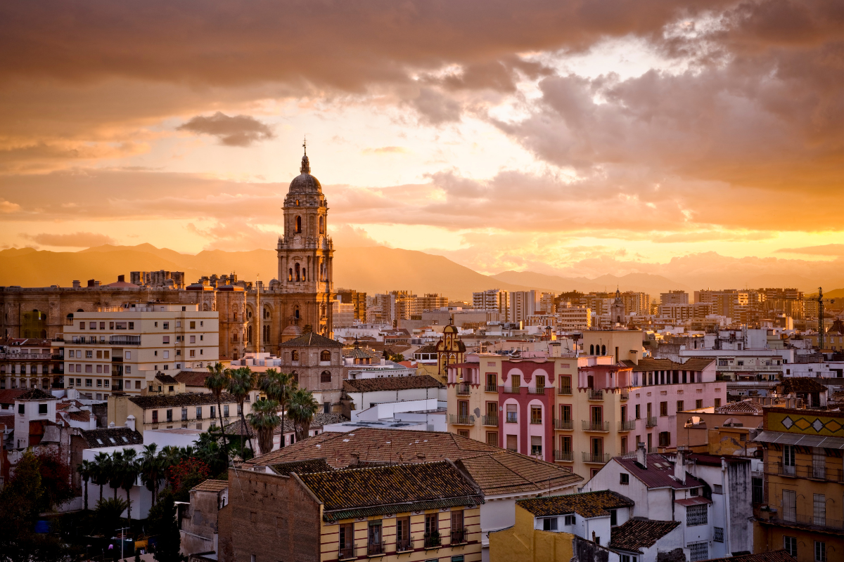 Arial view of a romantic sunset in Málaga, Andalusìa