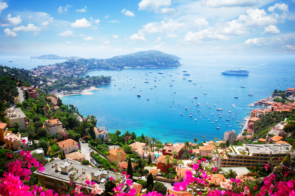 Panoramic view of the coastline of Villefranche sur Mer, Cote d'Azur