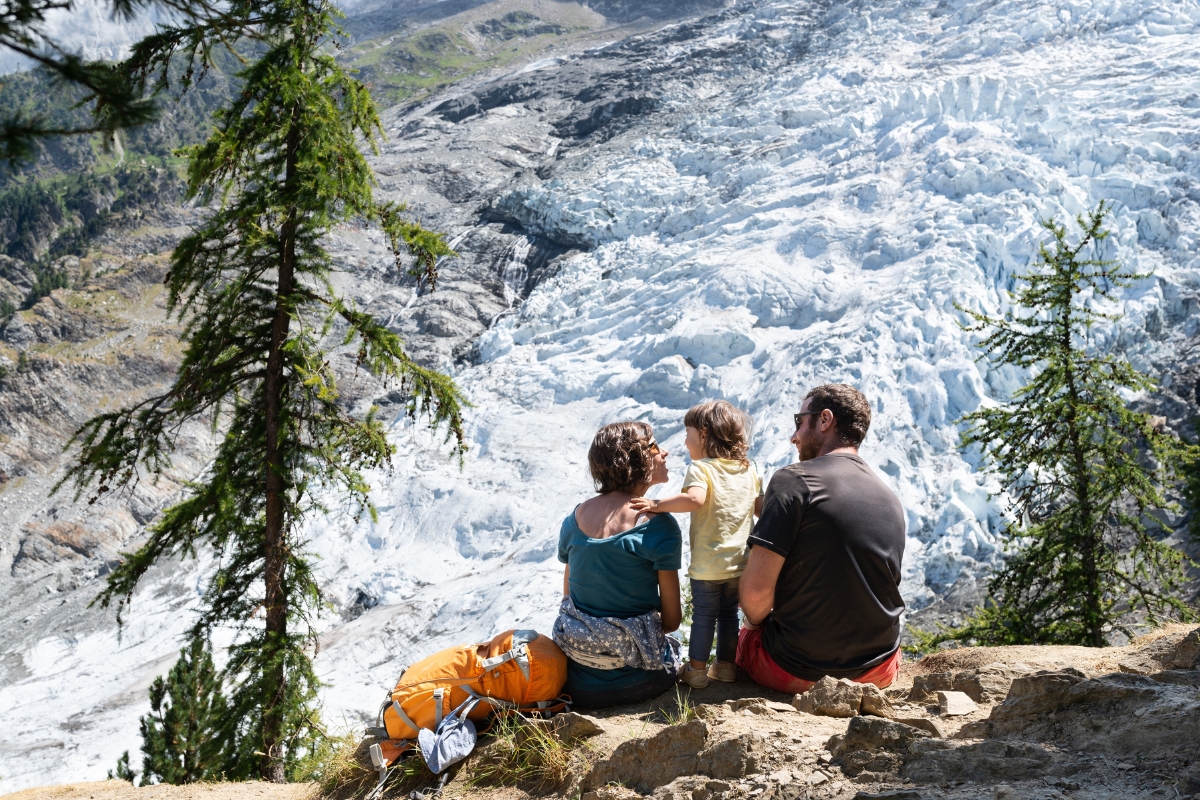 Family of three enjoys the view at the Bosson Glacier
