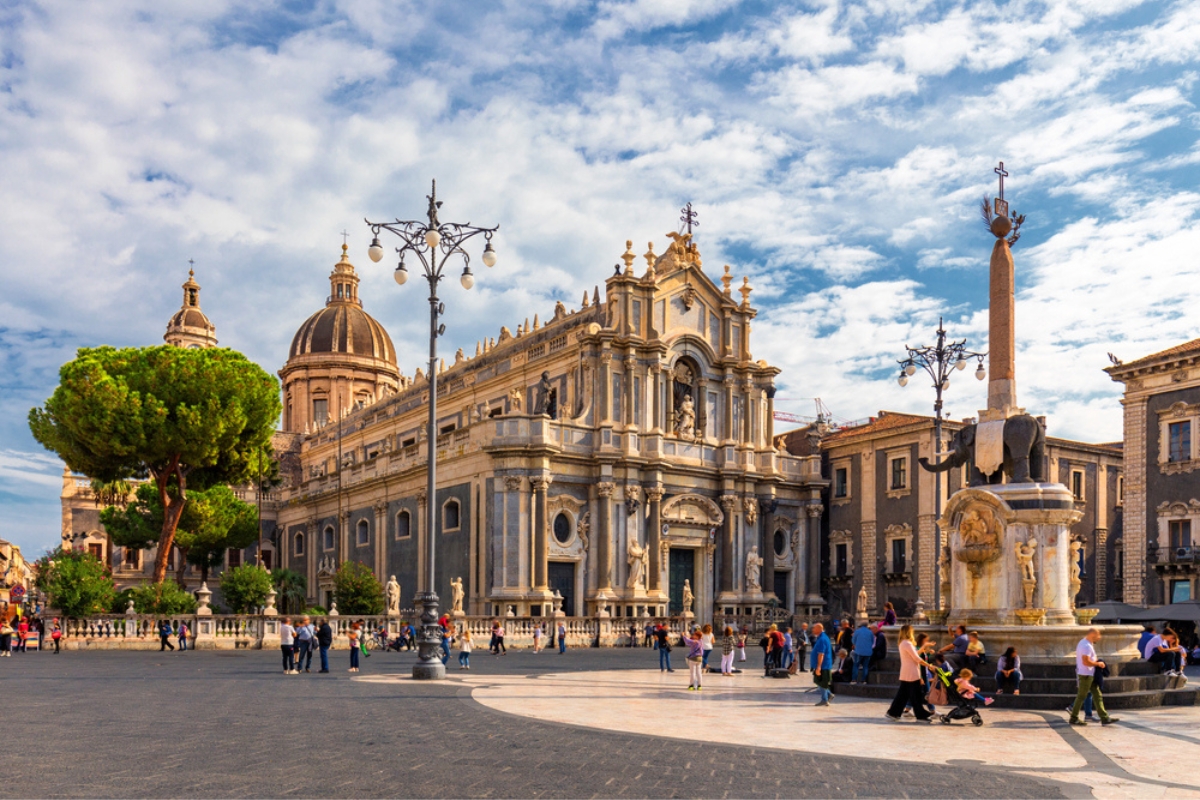 The busy Piazza del Duomo in Catania with Duomo of Saint Agatha and the Elephant Fountain