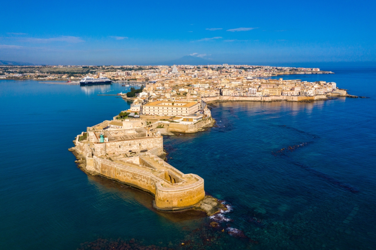 Areal view of Syracuse coastline and Ortigia island 