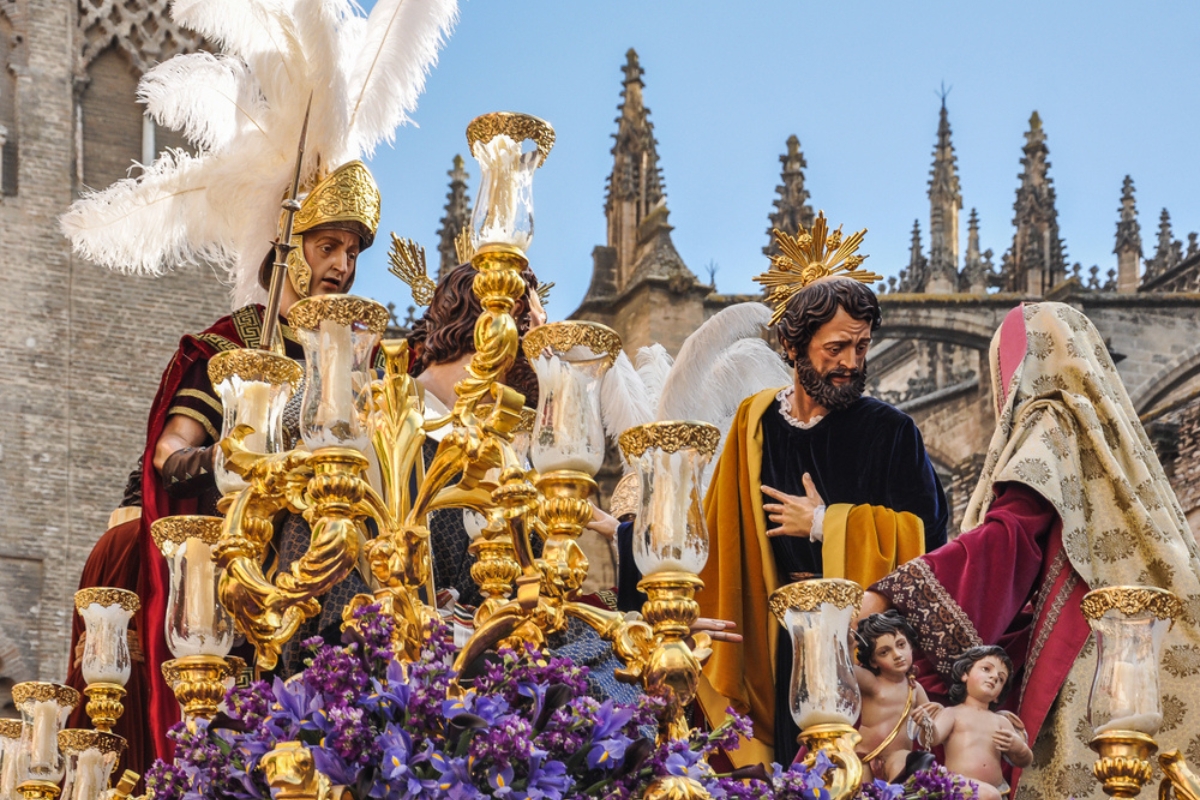 A pasos carried during the Holy Week procession in Seville, Brotherhood of Carmen Doloroso, Andalusia, Spain