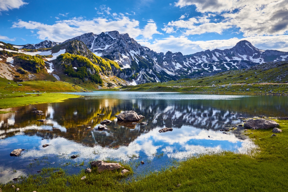 Durmitor National park with lake glacier and reflecting mountain