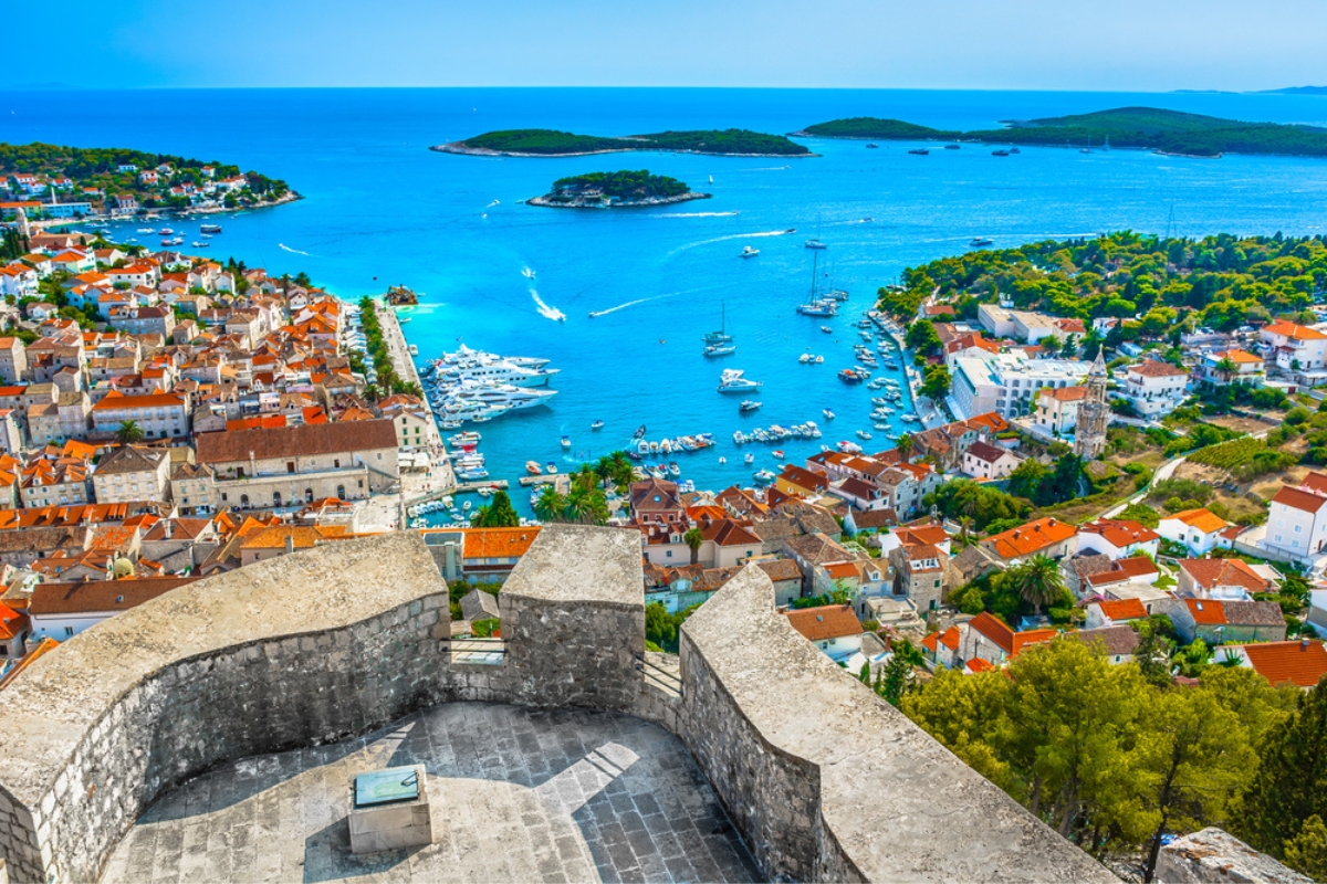 Aerial view at incredible archipelago in front of the town of Hvar, Croatia Mediterranean