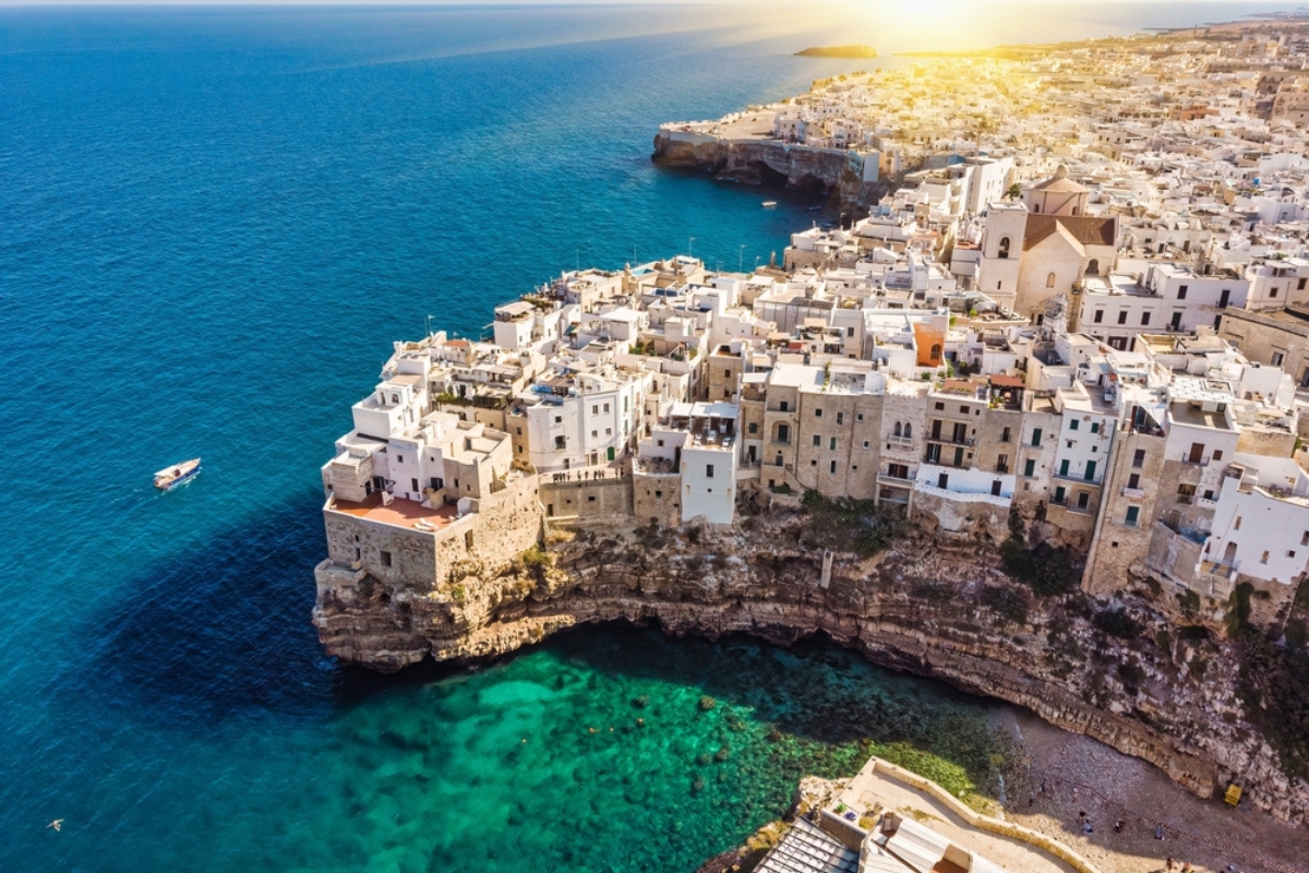 Polignano a Mare drone shot. Aerial view shot of Cala Paura in Puglia, Polignano
