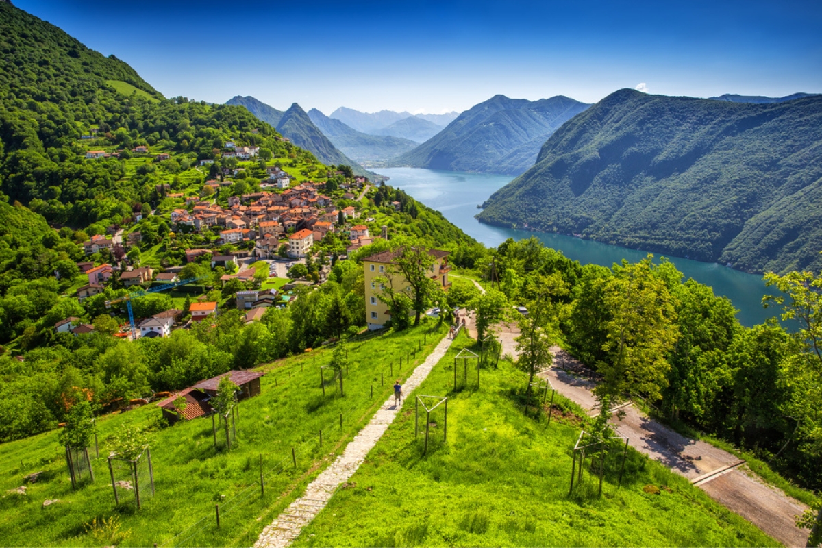 View of Lugano, Lake Lugano and Monte San Salvatore from Monte Bre, Ticino, Switzerland