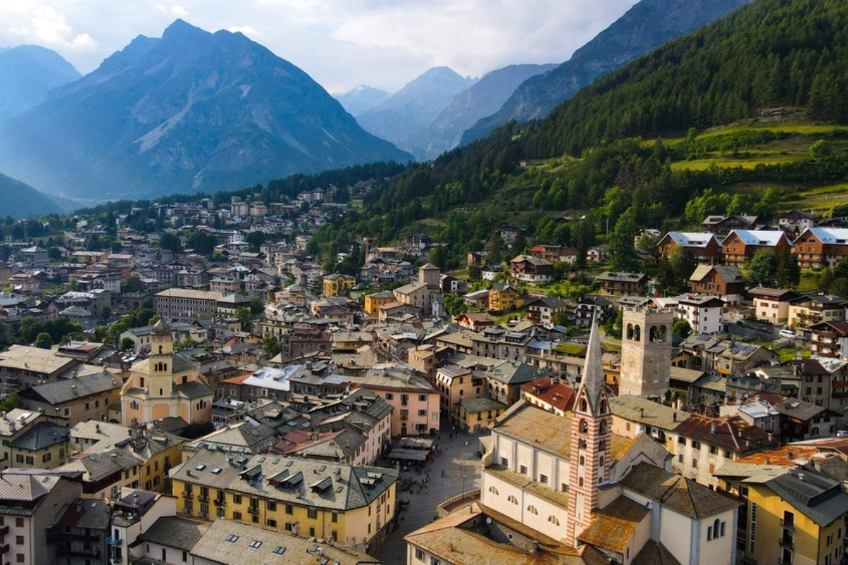Areal view of the stunning town of Bormio on a sunny day