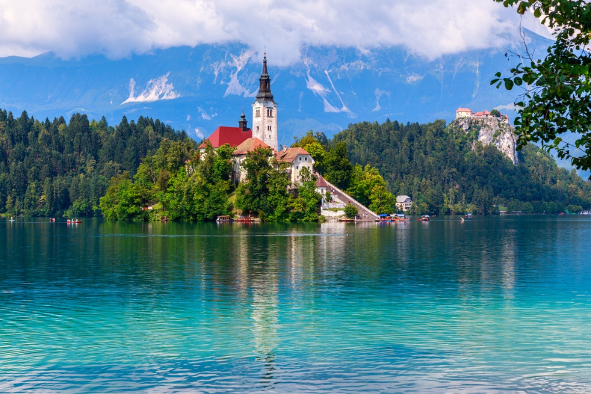 Bled with lake, island and mountains in the background, Slovenia, Europe
