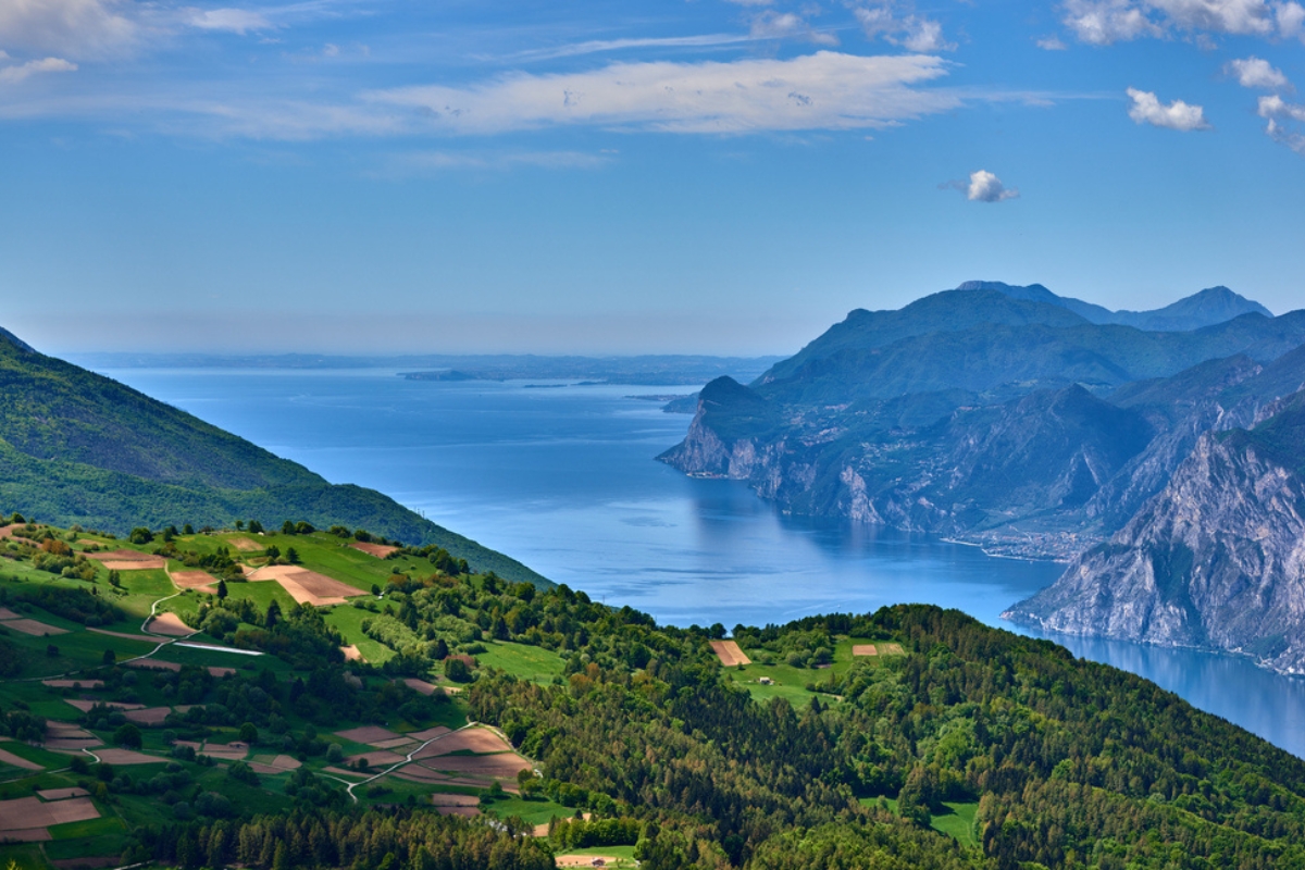 Above view from Monte Stivo of Arco, Riva, Nago-Torbole at Lake Garda,Italy, Italian Dolomites-panoramic views