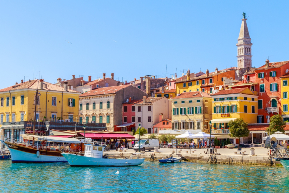 Colourful Rovinj in Istria with boats in the harbour, Croatia