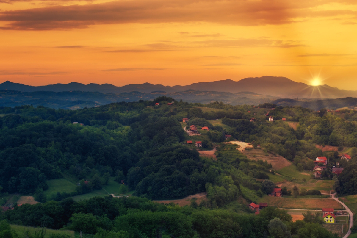 Beautiful morning orange sunrise scenery in countryside of Croatia, county Hrvatsko Zagorje 