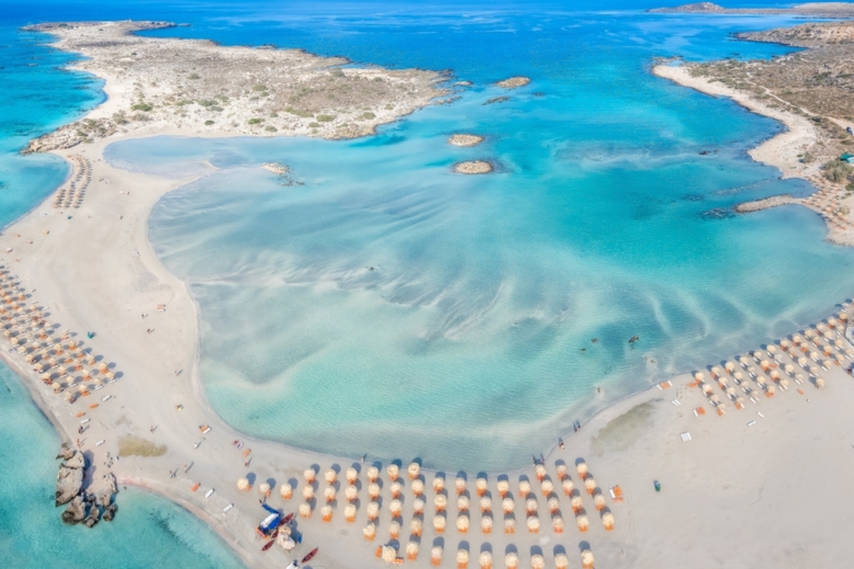 Aerial view of the pink Elafonissi beach, Crete, Greece