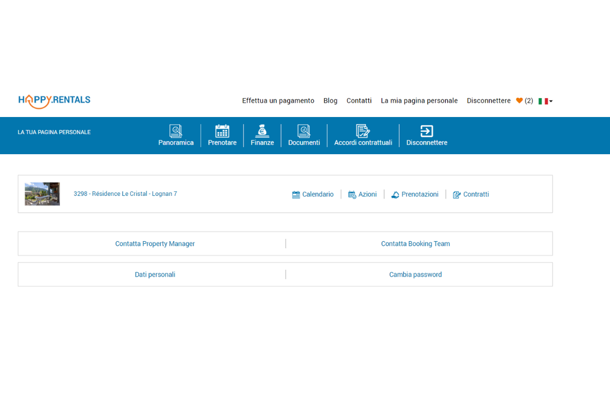 Il dashboard personale di Happy.Rentals riservato al proprietario di casa 