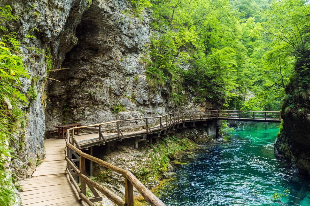 Gola di Vintgar, bellezza della natura, con il fiume Radovna che la attraversa, vicino a Bled, Slovenia
