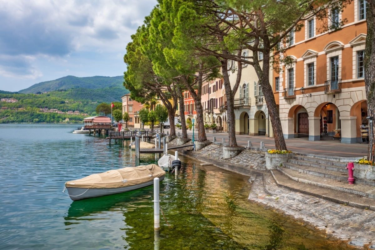 Lake Lugano promenade in Morcote village, Ticino, Switzerland