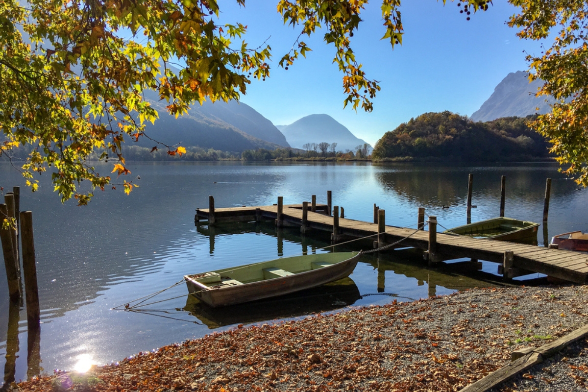 Porlezza, Italy. Lake and boat, Lake Piano Nature Reserve