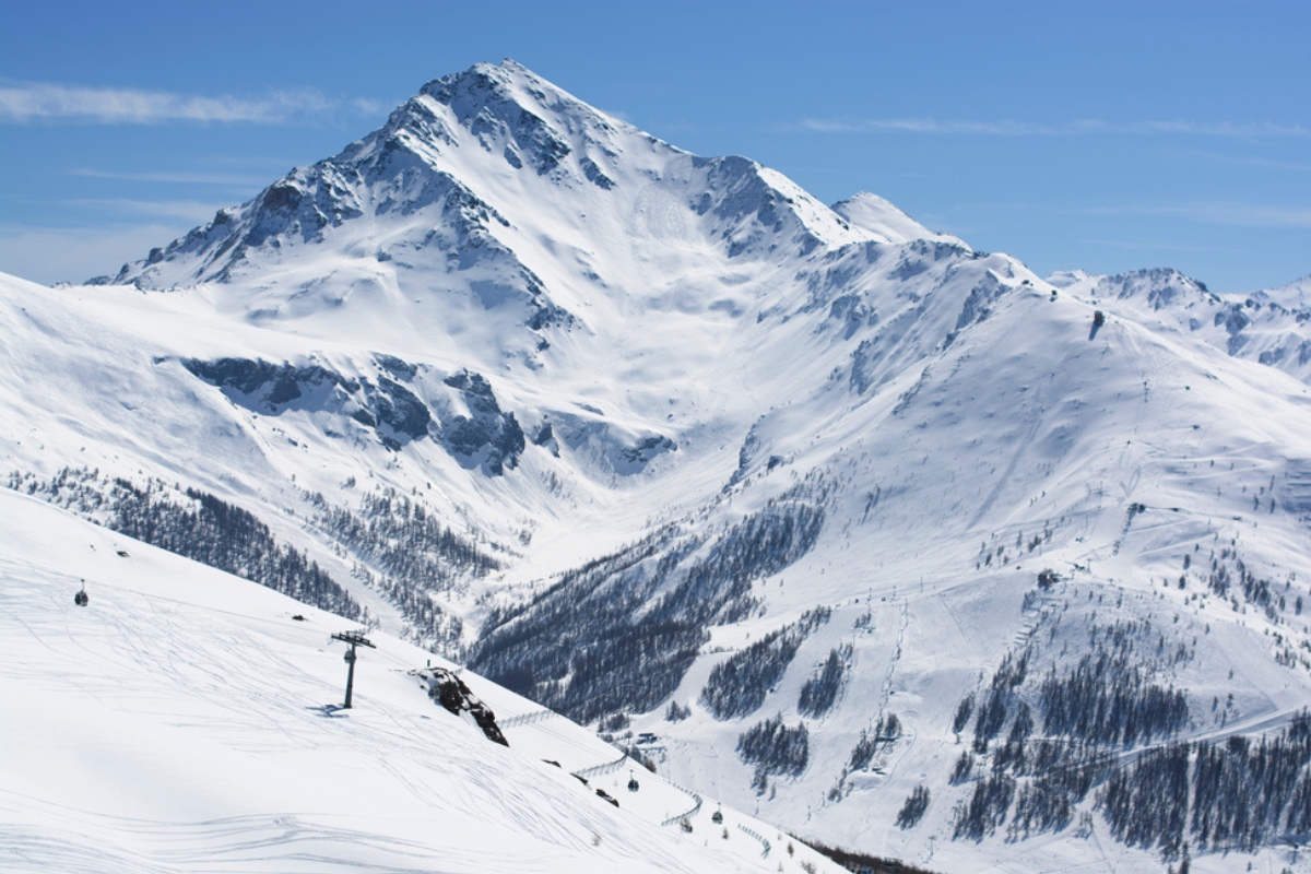 Magic view over the mountains in Sestriere. Skiing in the slopes. Blue sky with light clouds