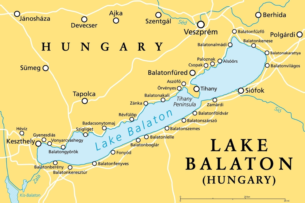 Mappa illustrativa del lago Balaton e delle città della regione