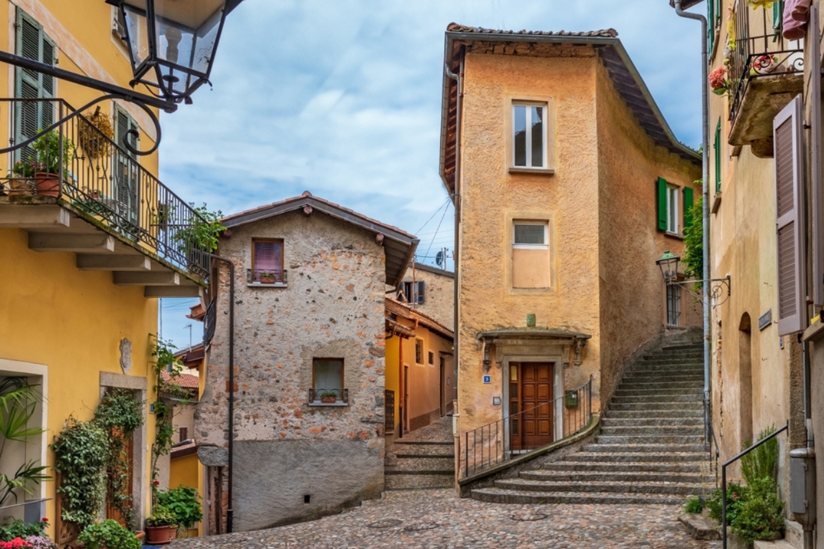 Narrow cobblestone streets in the picturesque Morcote village on the Lake Lugano. Switzerland