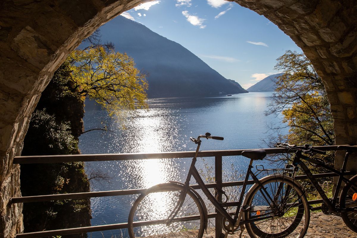 Parte del Sentiero dell'olivo sul lungolago di Lugano, con bici appoggiate sulla ringhiera e alberi sullo sfondo
