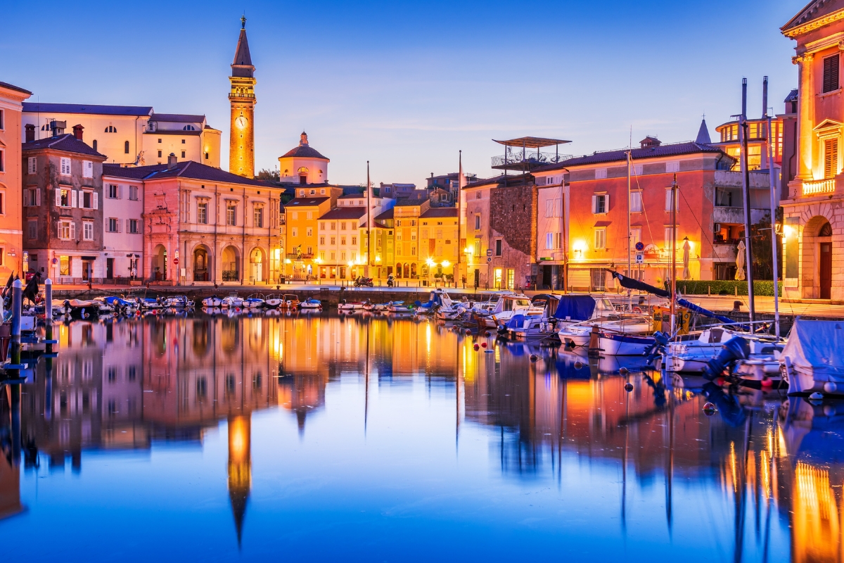 Beautiful twilight view of oldtown waterfront on Adriatic Sea, Piran, Slovenia.