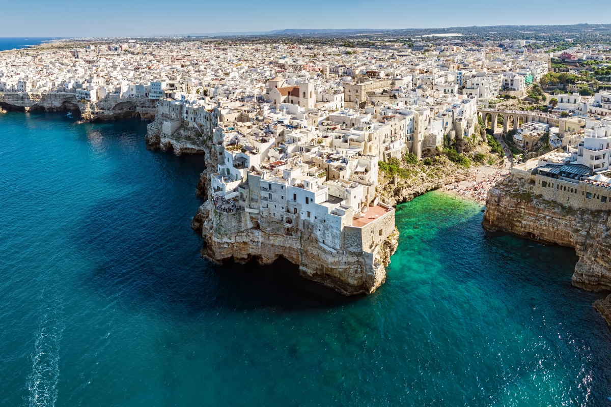 Arieal view of Polignano a Mare with Lama Monachile beach