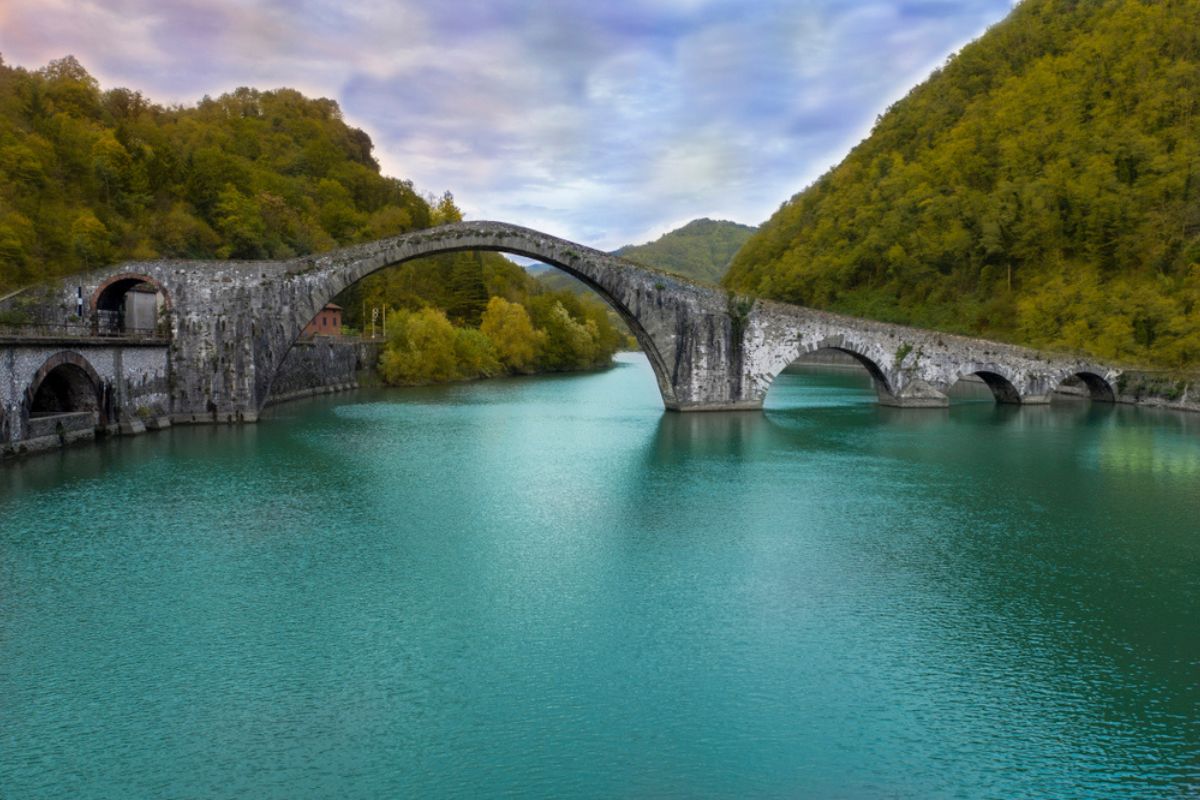 Ponte della Maddalena or Ponte del Diavolo in Borgo a Mozzano Lucca, Tuscany Italy