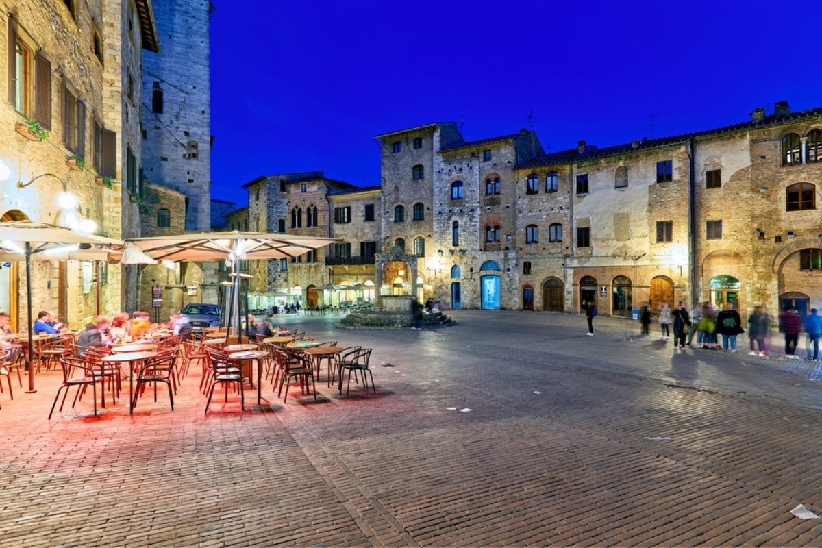San Gimignano. Tuscany. Italy. Piazza della Cisterna at sunset