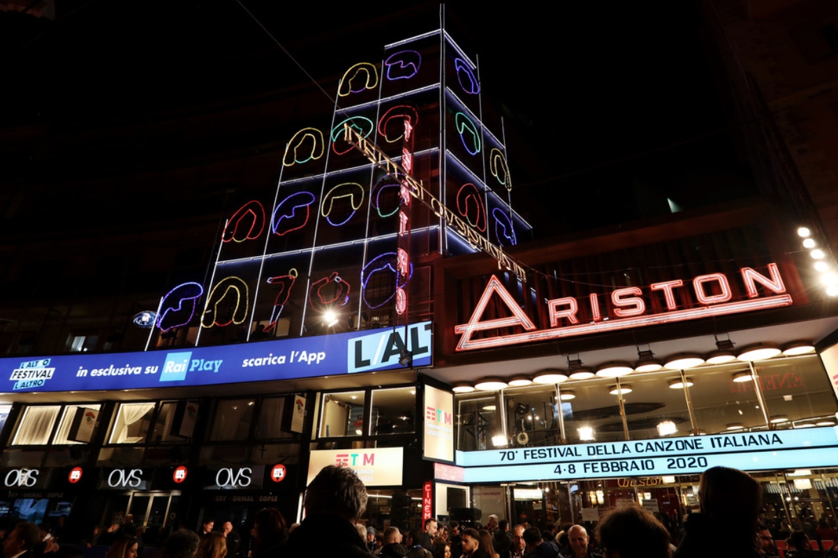 A night shot of the Ariston Theatre during the opening red carpet of the Sanremo Music Festival
