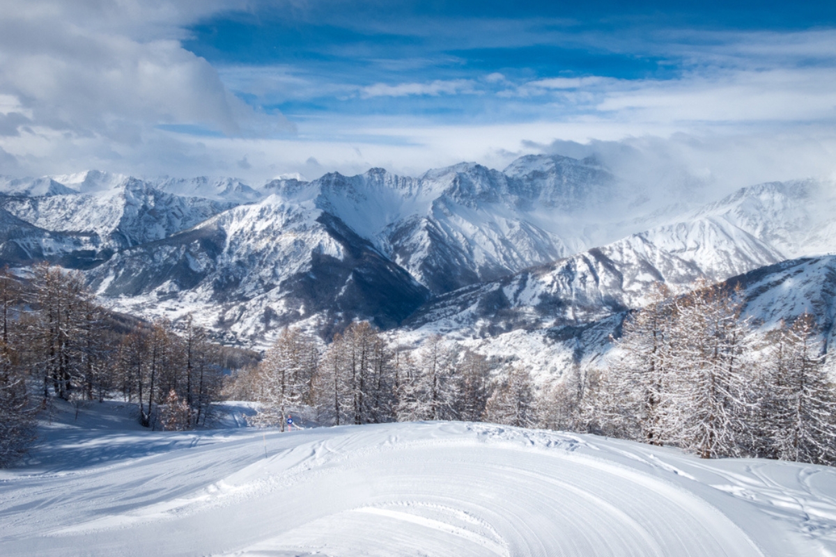 A stunning view of the snow-laden landscape of Bardonecchia, in Piedmont, Italy.