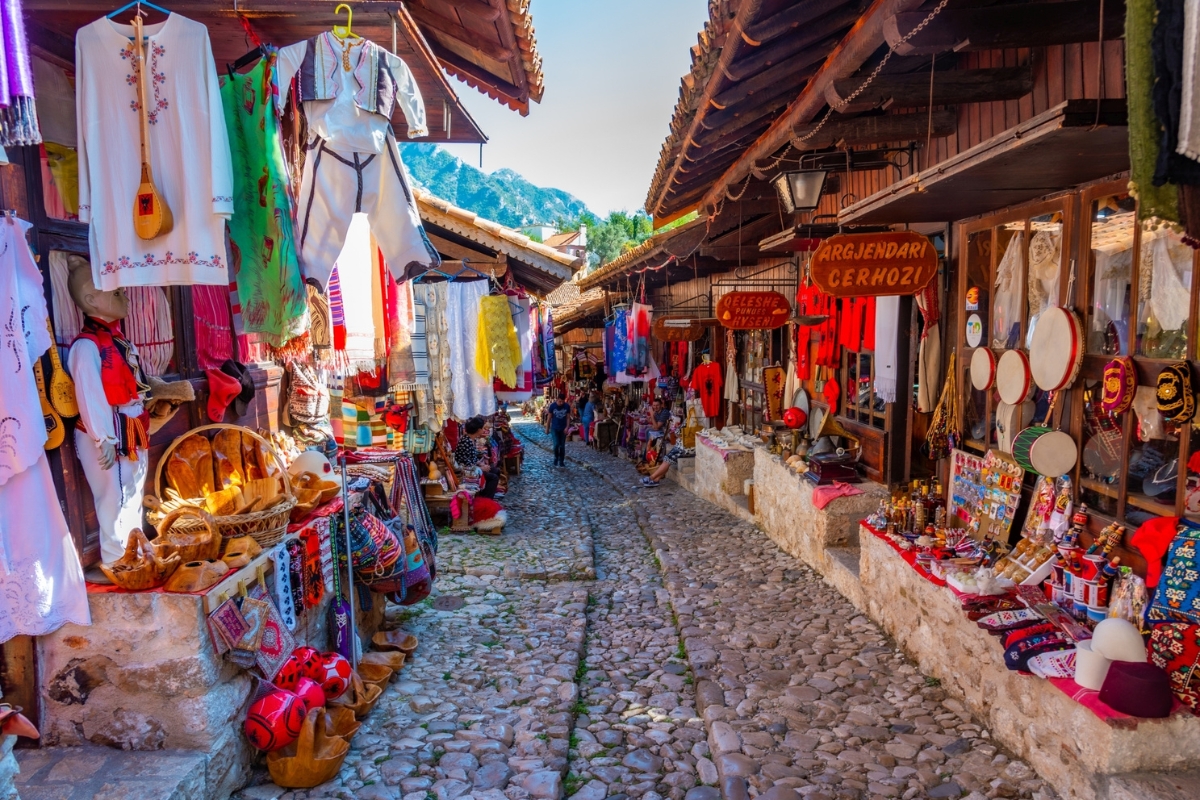 Souvenir stands at bazaar in center of Kruja, Albania