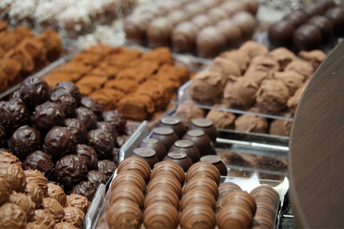 Some stands of Swiss chocolate in a shop
