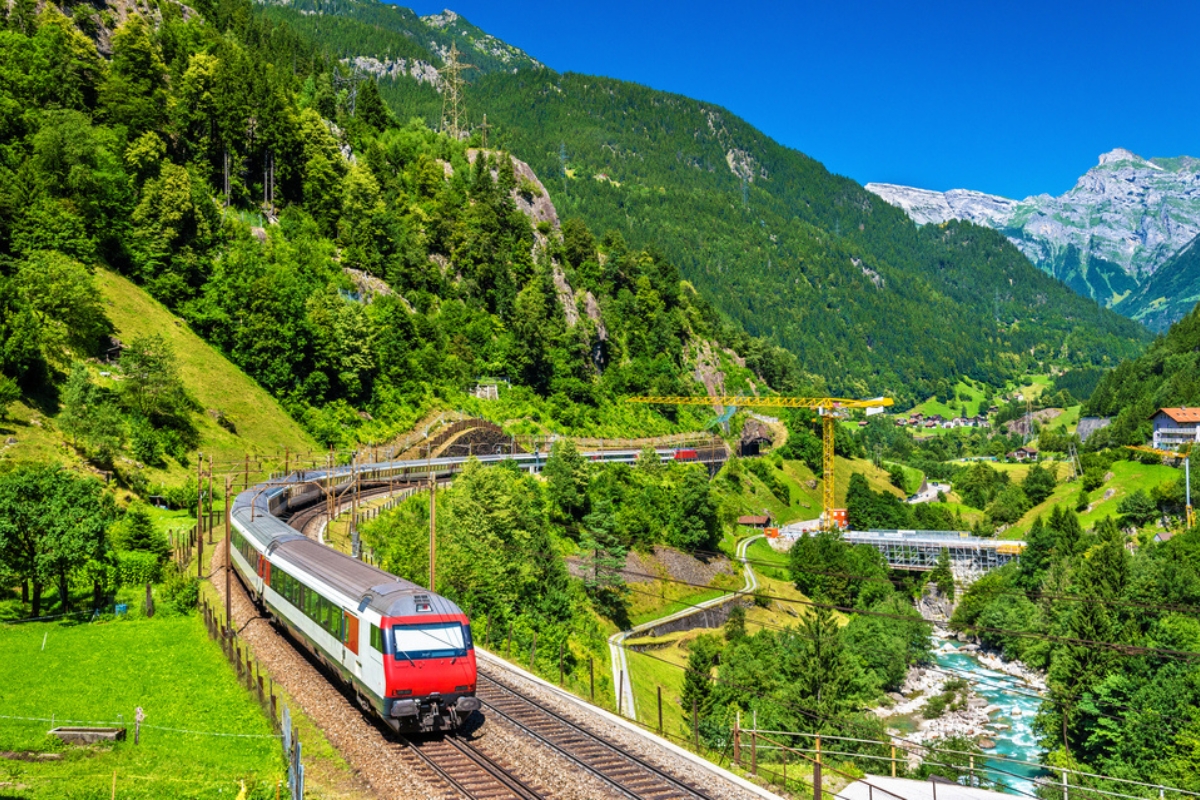 The Gotthard Railway snaking through the breathtaking Swiss Alps