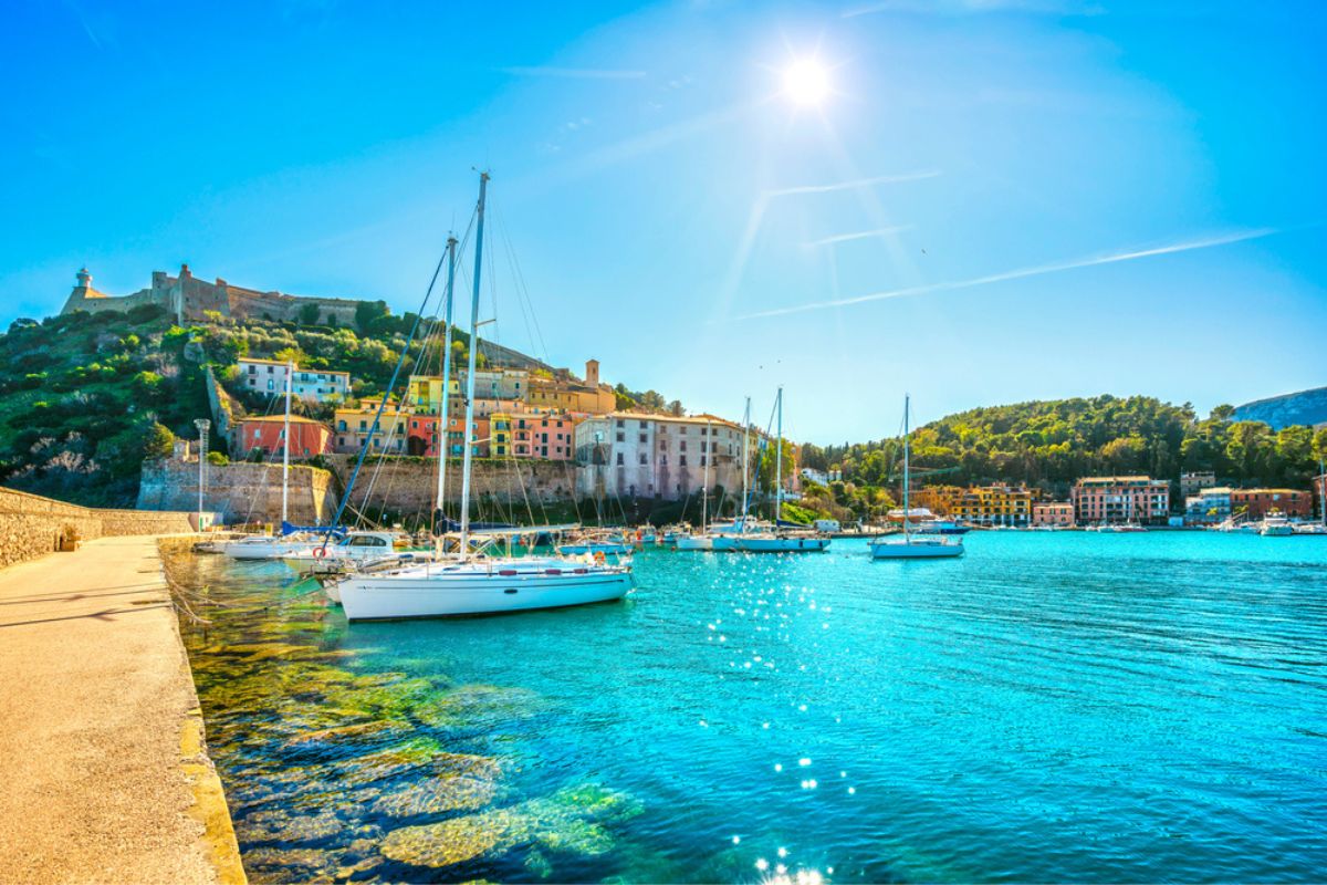 Porto Ercole village and boats in the harbour. Monte Argentario, Maremma Grosseto Tuscany, Italy