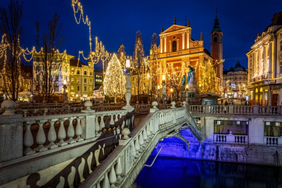 The charming main square of Ljubljana during the Christmas market season in Slovenia