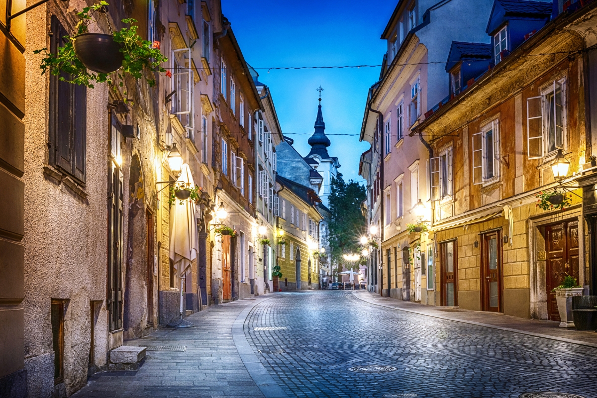 Old Ljubljana cityscape cobbled street evening view, Slovenia