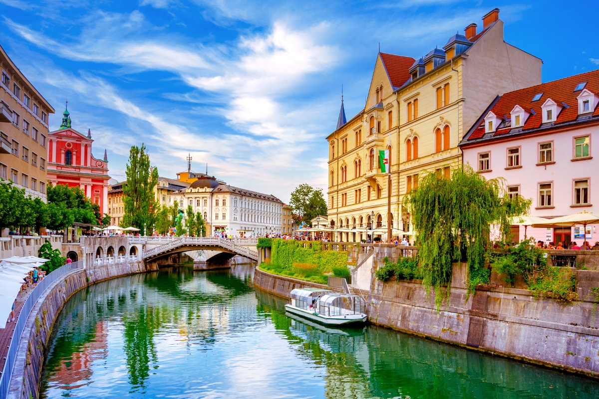 The Triple Bridge Tromostovje over the Ljubljanica river in Ljubljana, Slovenia