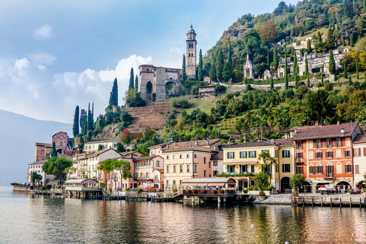 The lakeside promenade of the most beautiful village in Switzerland, Morcote. In the background is the famous Santa Maria del Sasso