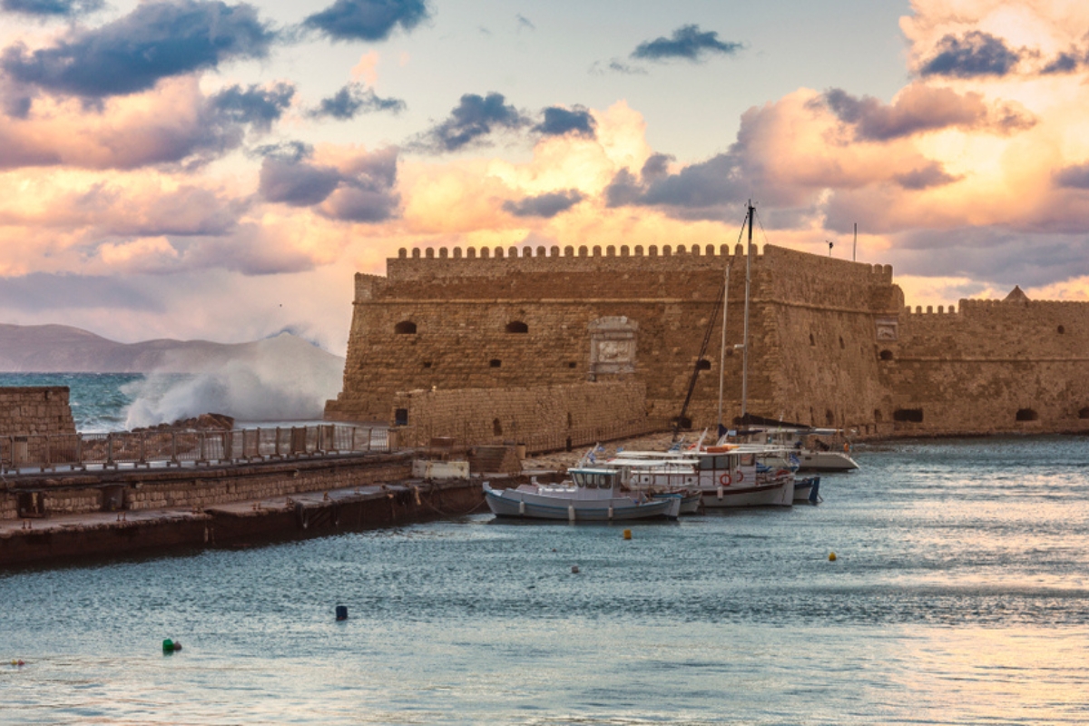 Waves crashing in the Koules Rocca Mare Fortress in Heraklion Crete Greece