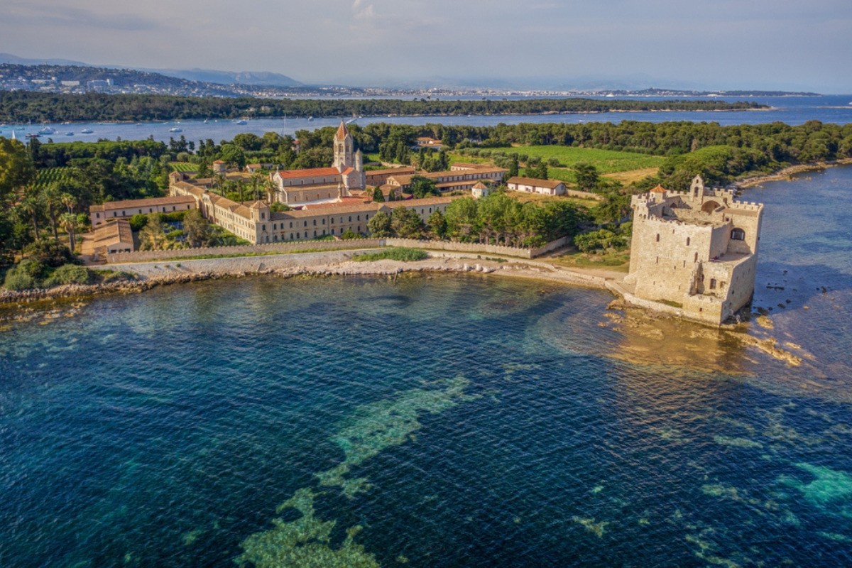 The serene Lérins Abbey on the island of Saint-Honorat, one of the Lérins Islands, on the French Riviera, with an active monastic community 